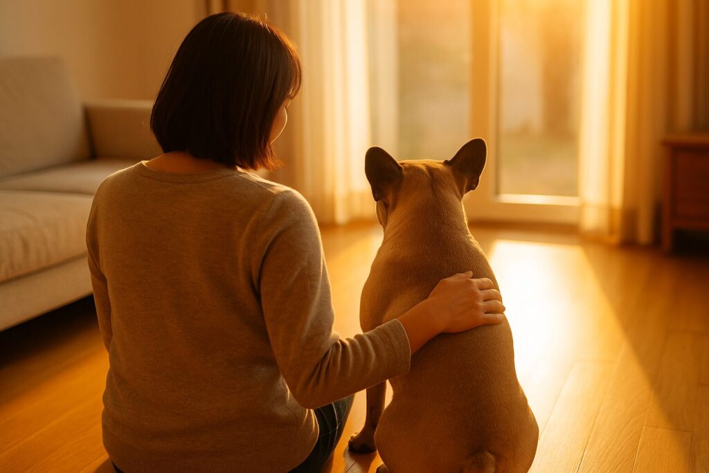 夕方のリビングで、飼い主が座って愛犬の背中をなでている後ろ姿