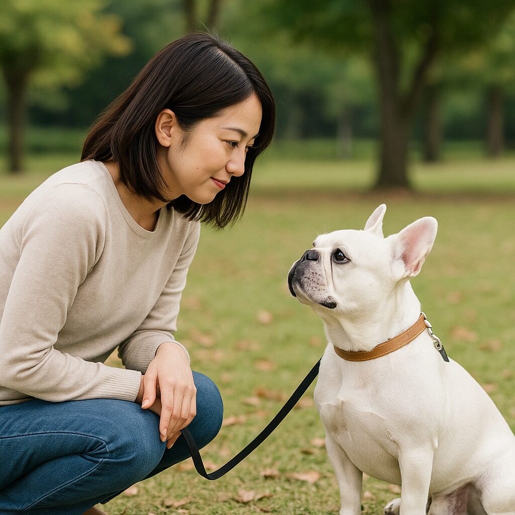 公園で飼い主がしゃがみこみ、フレンチブルドッグと優しく目線を合わせている。