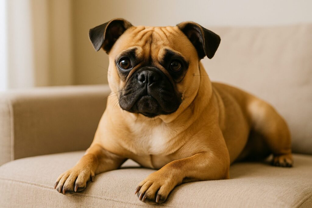 フレンチーパグ(Frug)がソファの上でリラックスしている。