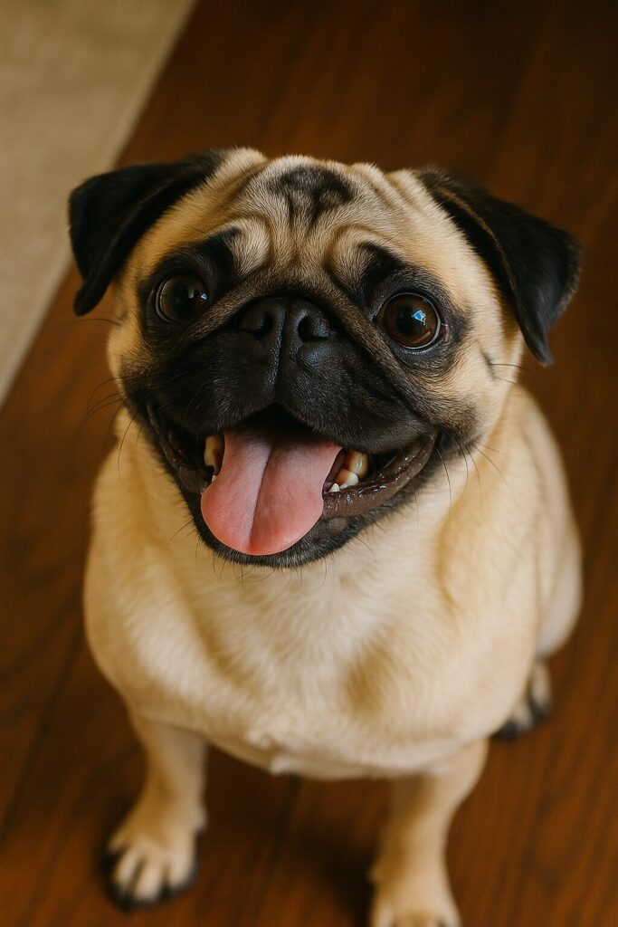 室内で飼い主を見上げるパグ。舌を出して笑っている姿