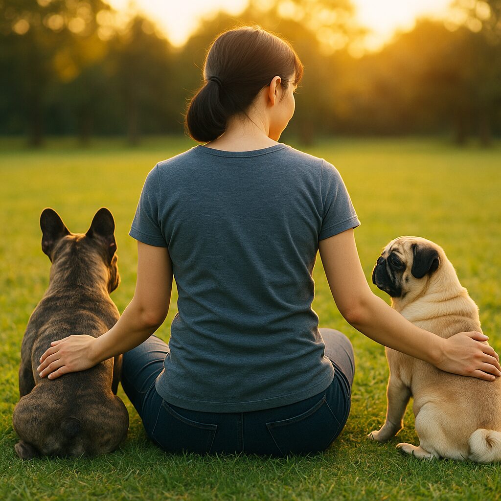 夕暮れの芝生で飼い主が2匹を優しく見つめている後ろ姿。