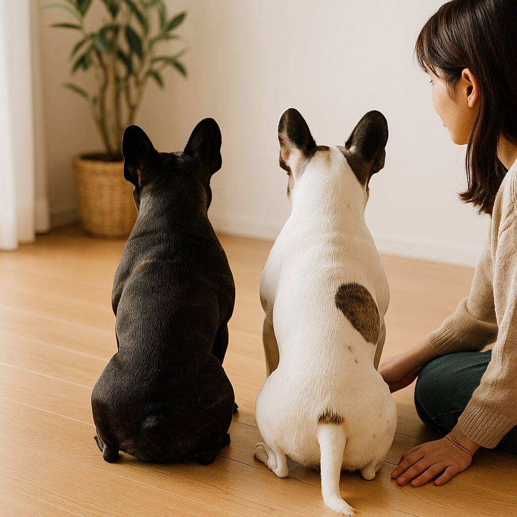 フレンチブルドッグが2匹毛色はブラックとパイ度並んで座っている構図