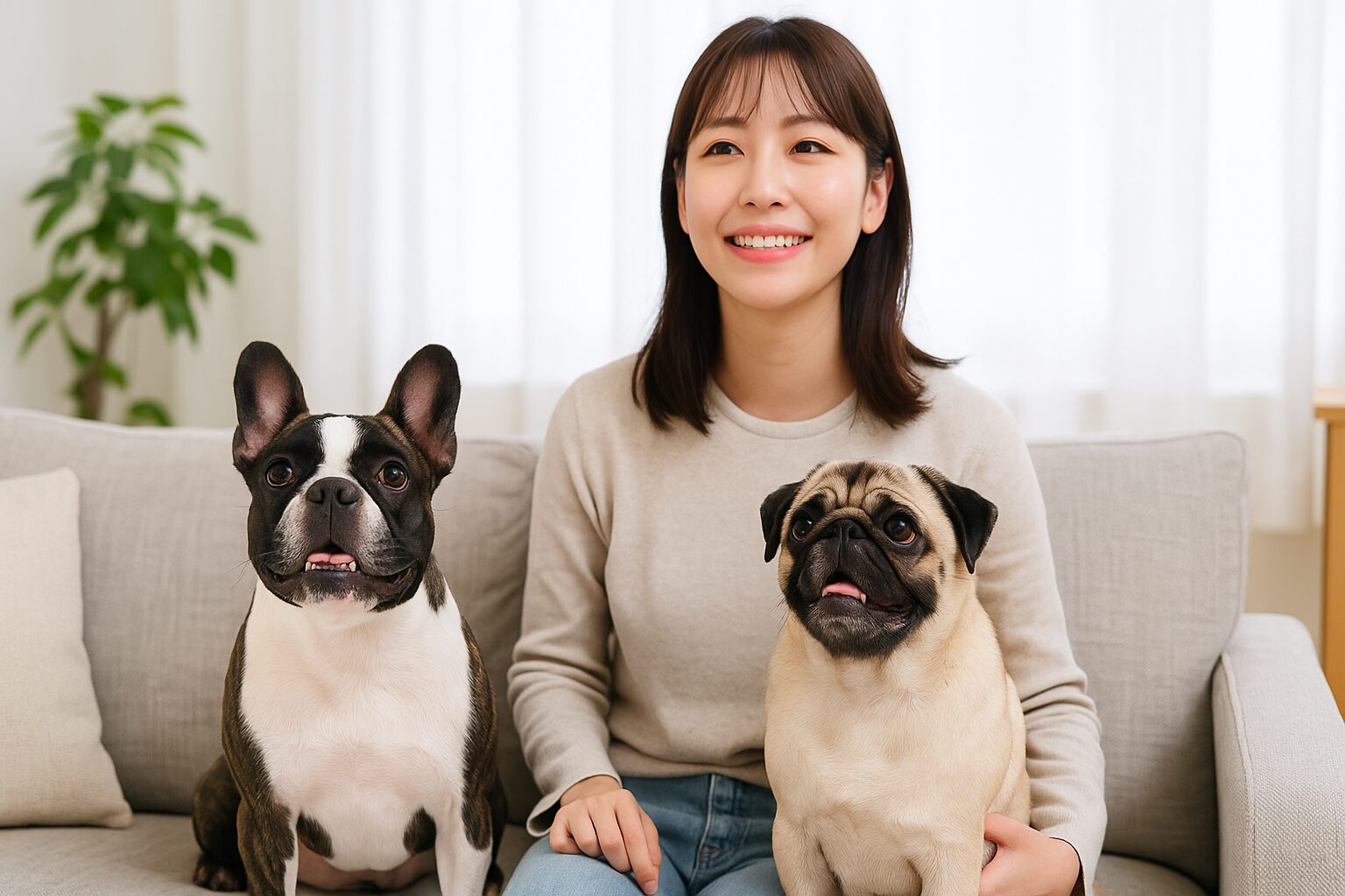 左にフレンチブルドッグ、右にパグが並んでいる構図。