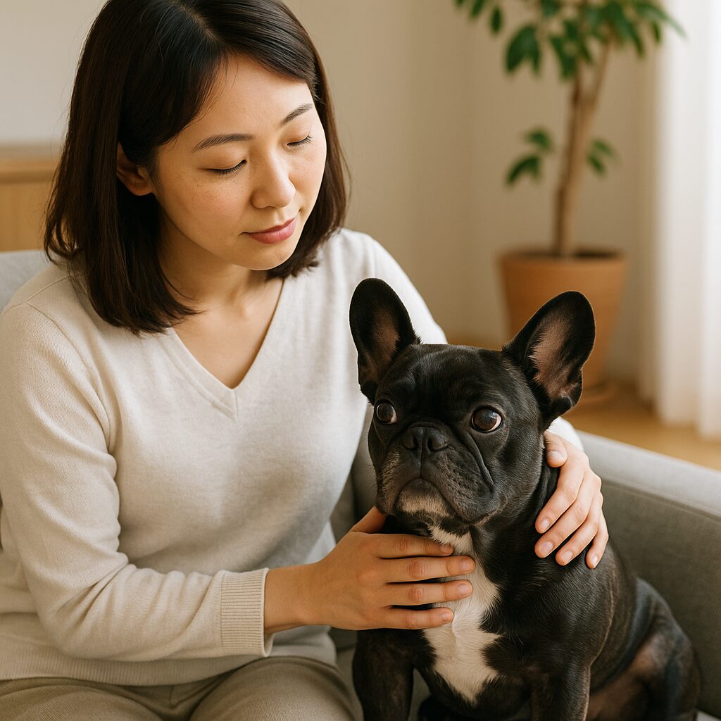 落ち着かないフレンチブルドッグを優しく撫でている。