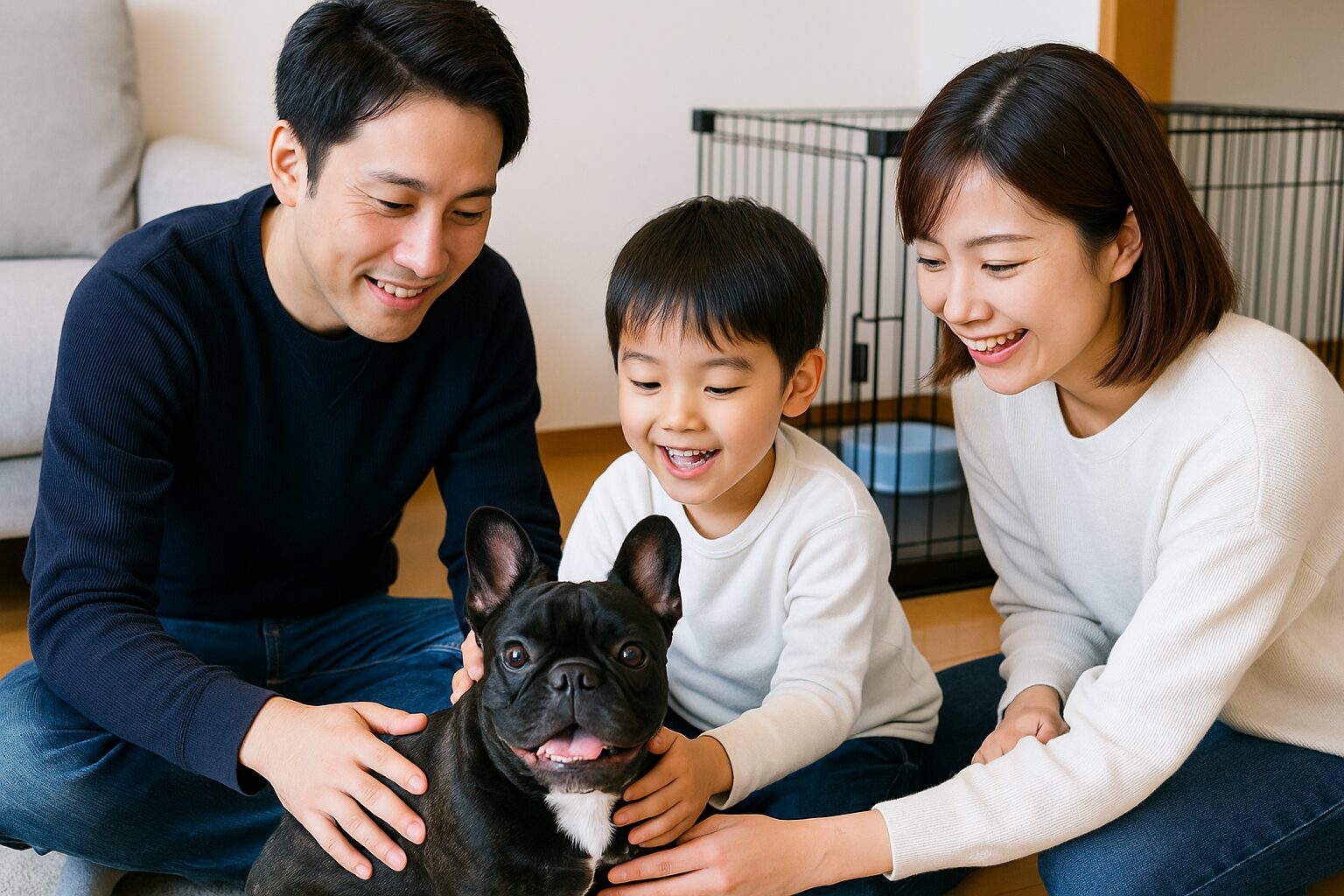 リビングでフレンチブルドッグを囲み、笑顔で撫でている。