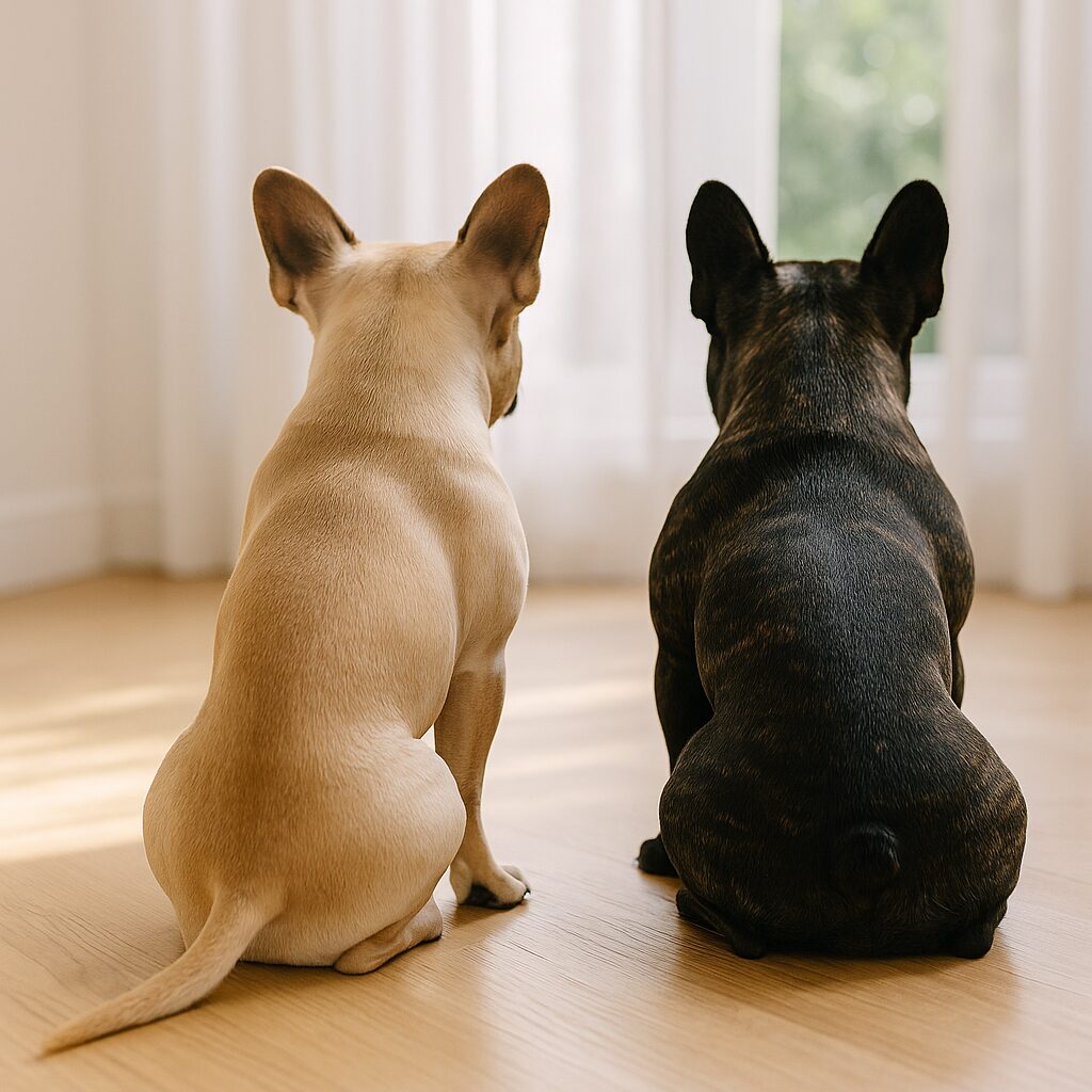 フレンチブルドッグ2匹が並んで座っている。