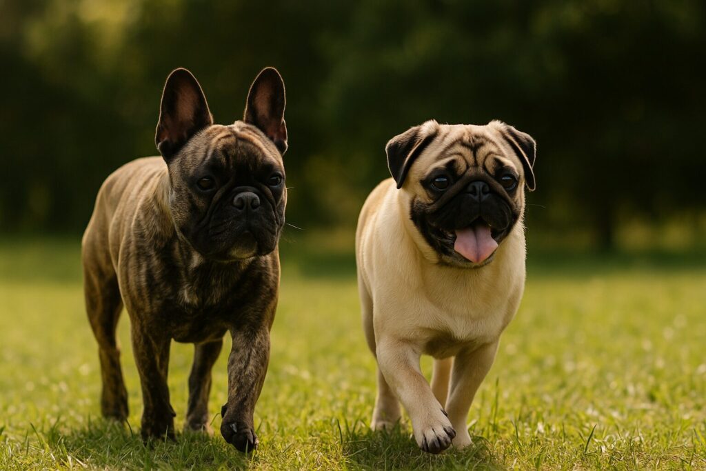 芝生の公園でフレンチブルドッグとパグが並んで歩くシーン。