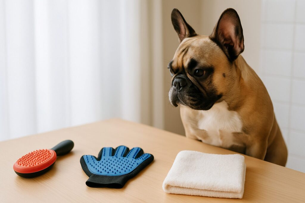 テーブルにラバーブラシ・グローブ・柔らかいタオルが並び、 横でフレンチブルドッグが興味深そうに見ている。