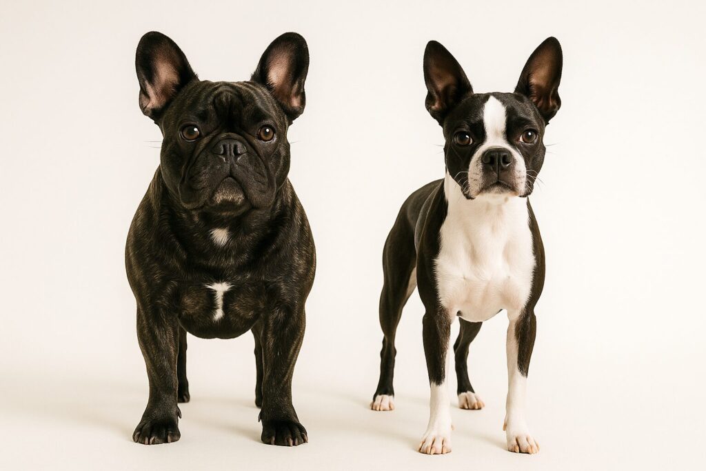 フレンチブルドッグとボストンテリアが並んで立っている構図。