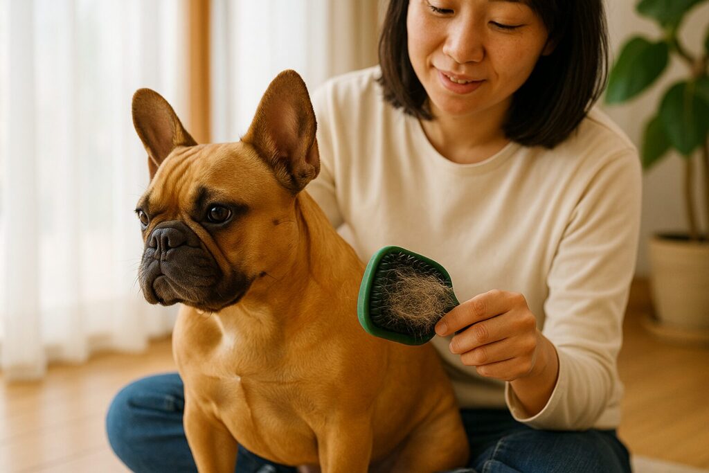 春の室内で飼い主がラバーブラシで抜け毛をとかしているシーン。