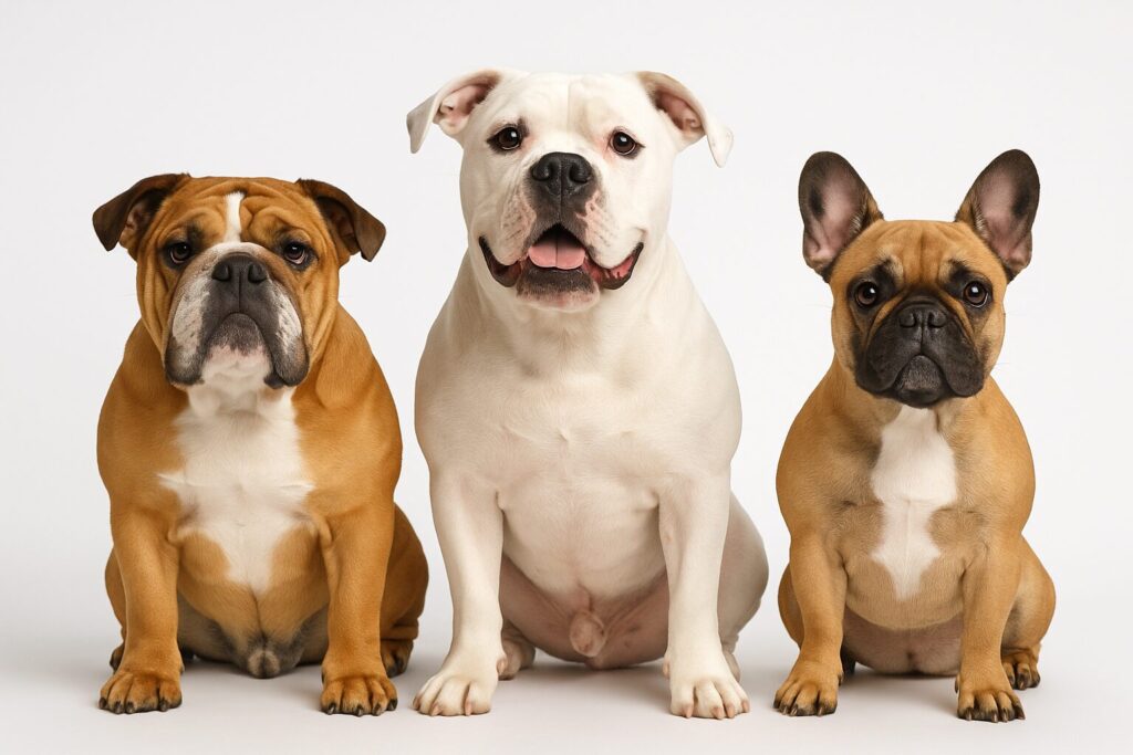 毛色フォーンイングリッシュブルドッグ、アメリカンブルドッグ、フレンチブルドッグの3頭が並んでいる構図。