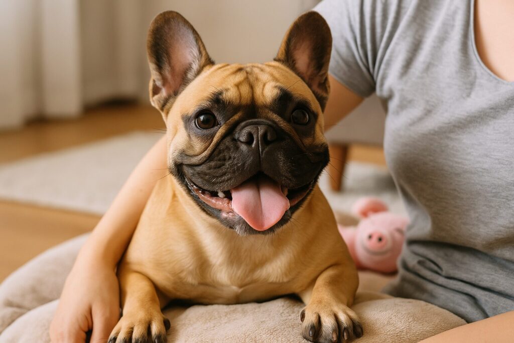 フレンチブルドッグが笑顔で舌を出し、飼い主に甘えている様子。