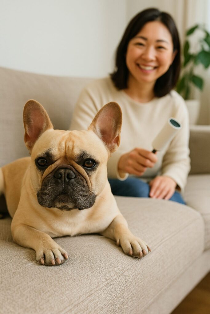 ソファの上でフレンチブルドッグがくつろいでおり、周りに短い毛が少し散っている。 飼い主がコロコロを手にして微笑んでいる。