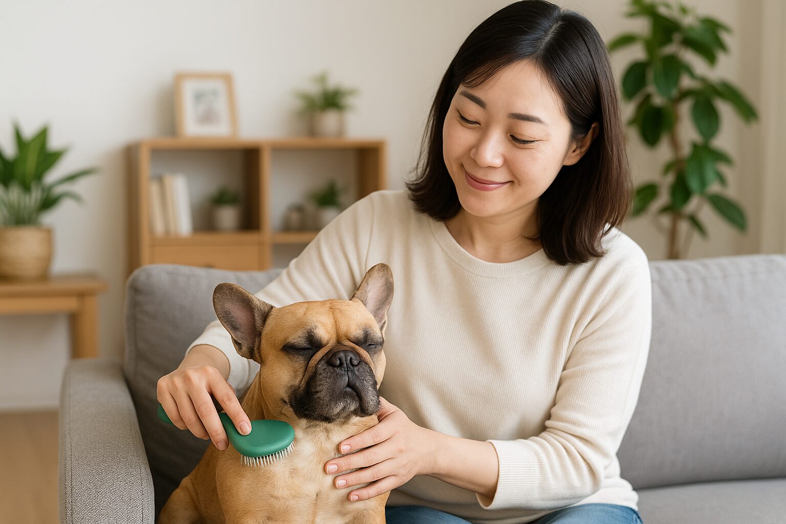 フレンチブルドッグをブラッシングしている。