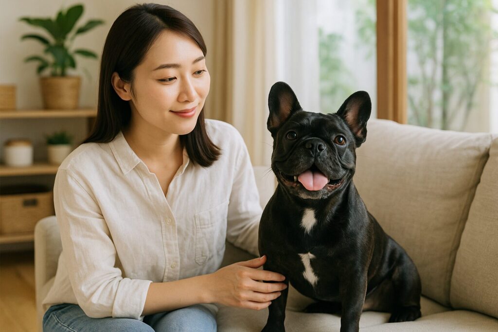落ち着かないフレンチブルドッグを優しく撫でている。