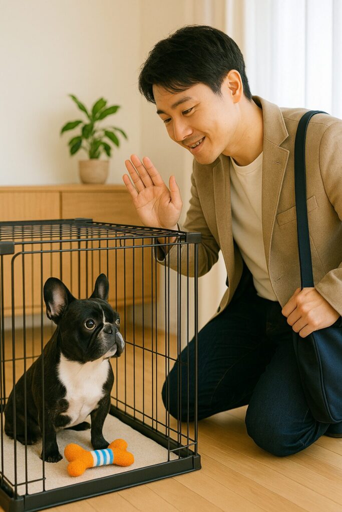 ケージの中のフレンチブルドッグに「いってきます」と手を振っている。