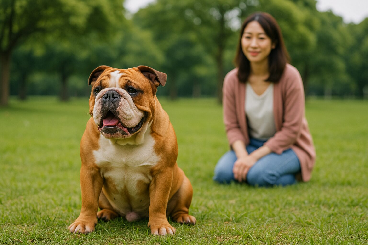 芝生の上でイレッド系ングリッシュブルドッグがリラックスして座っている姿。