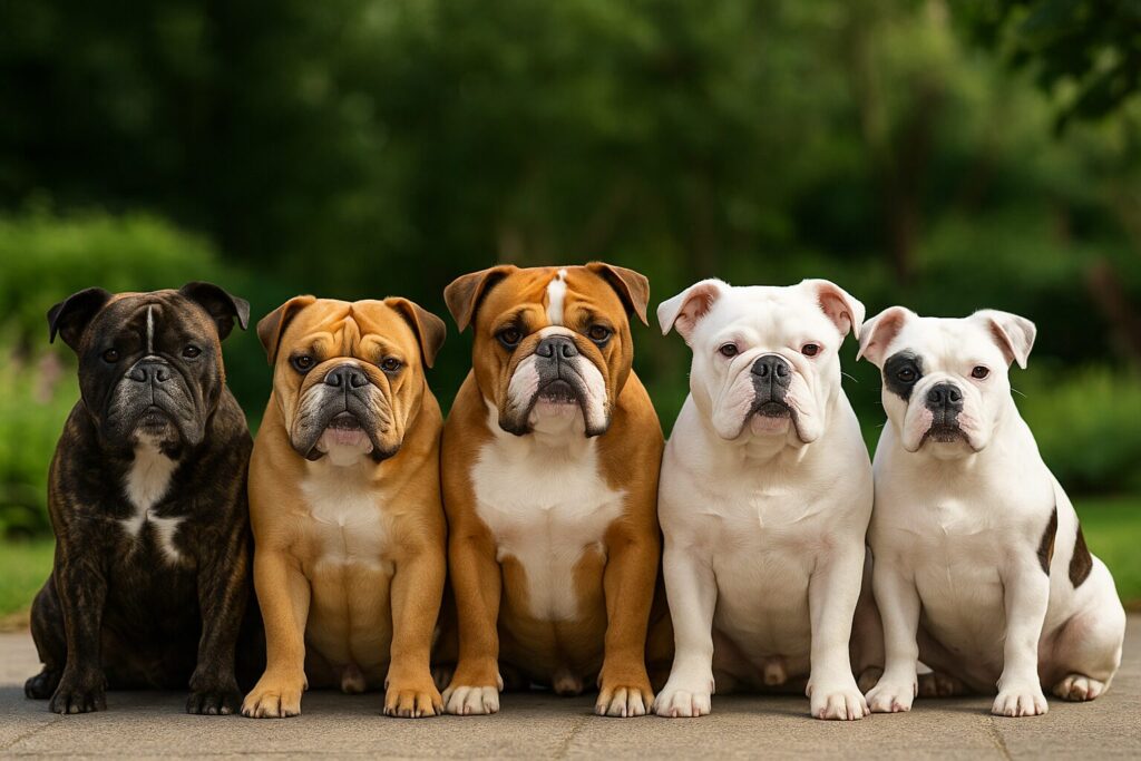 ブルドッグが並ぶ。 自然光の中で毛色の違いがはっきり見える構図。