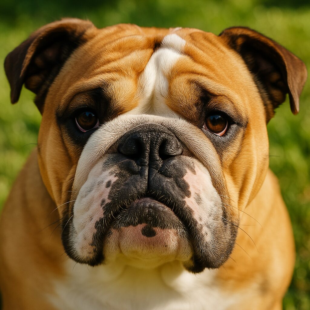 自然光の中で撮影されたイングリッシュ・ブルドッグの顔アップ。