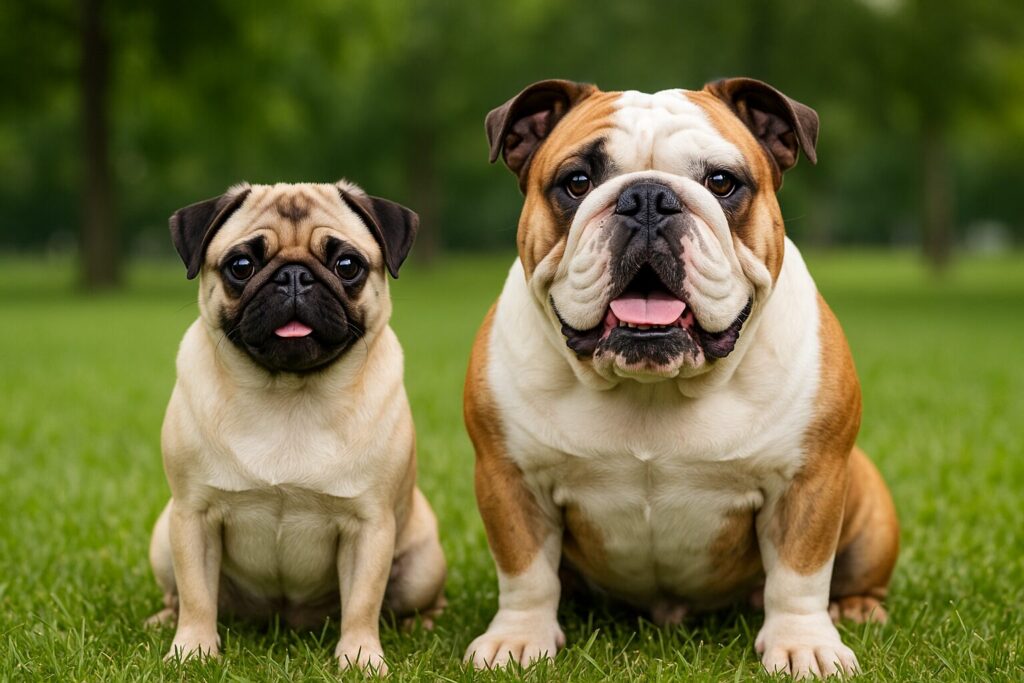 芝生の上で並んで座るパグとブルドッグ。どちらもカメラ目線。