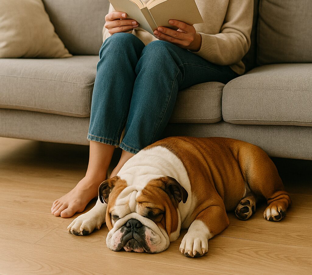 リビングで飼い主とブルドッグがくつろいでいる。 飼い主がソファで本を読み、犬は足元で眠る。