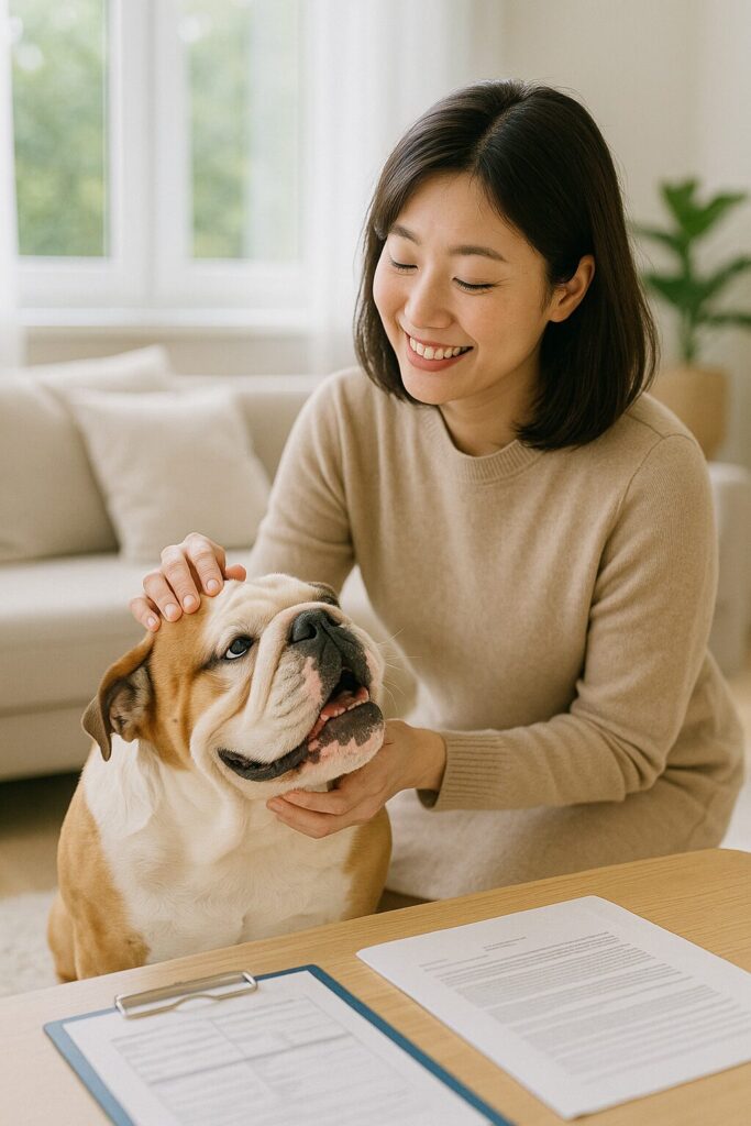 明るいリビングで、飼い主がブルドッグを撫でている。 犬がリラックスした表情で見上げている構図。