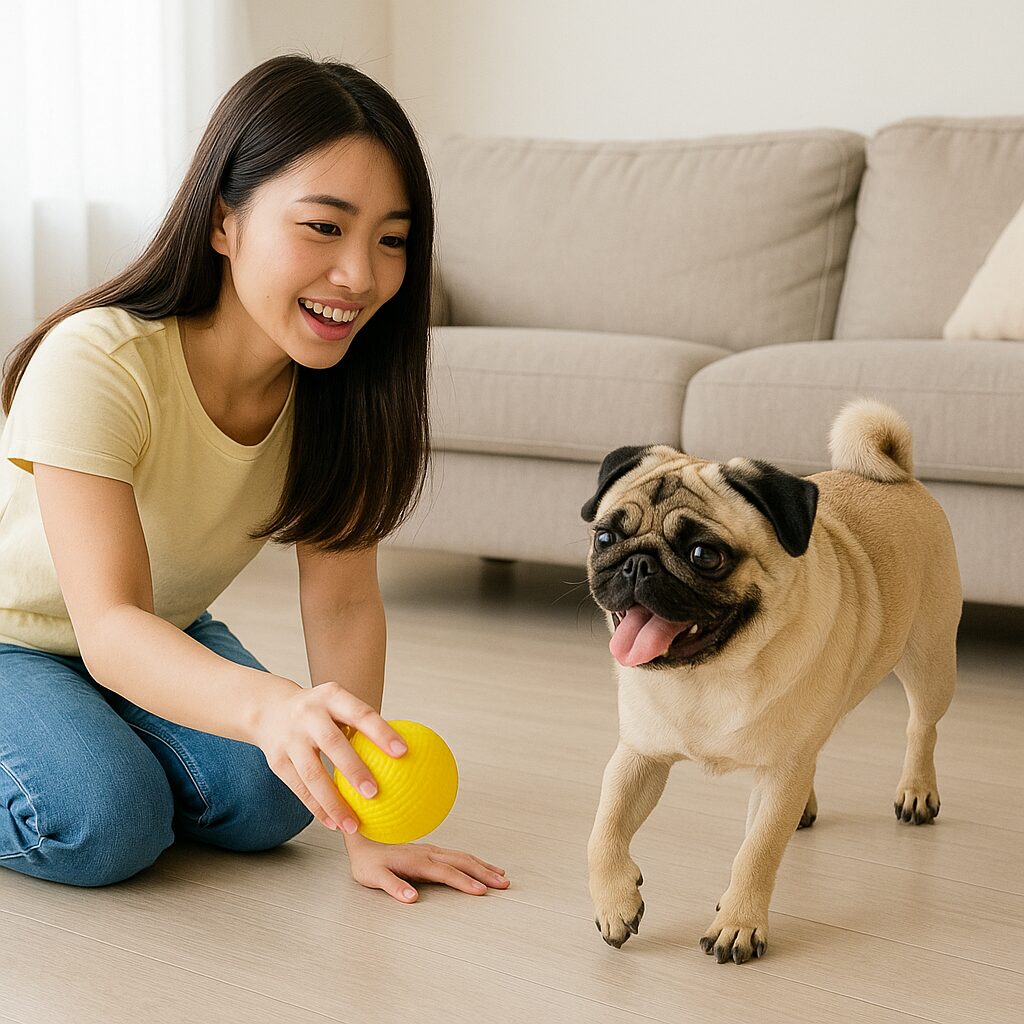 明るいリビングでパグがボール遊びしている。