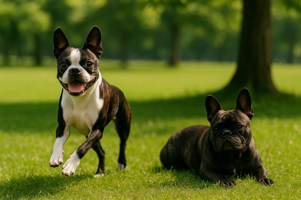 ボストンテリアが公園を元気に走り回り、フレンチブルドッグが日陰で休憩している。