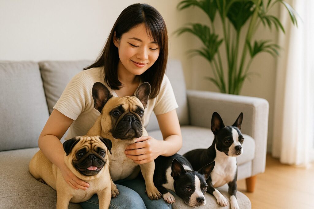 ファでフレンチブルドッグを膝にのせ、 パグとボストンテリアが足元でくつろぐシーン。