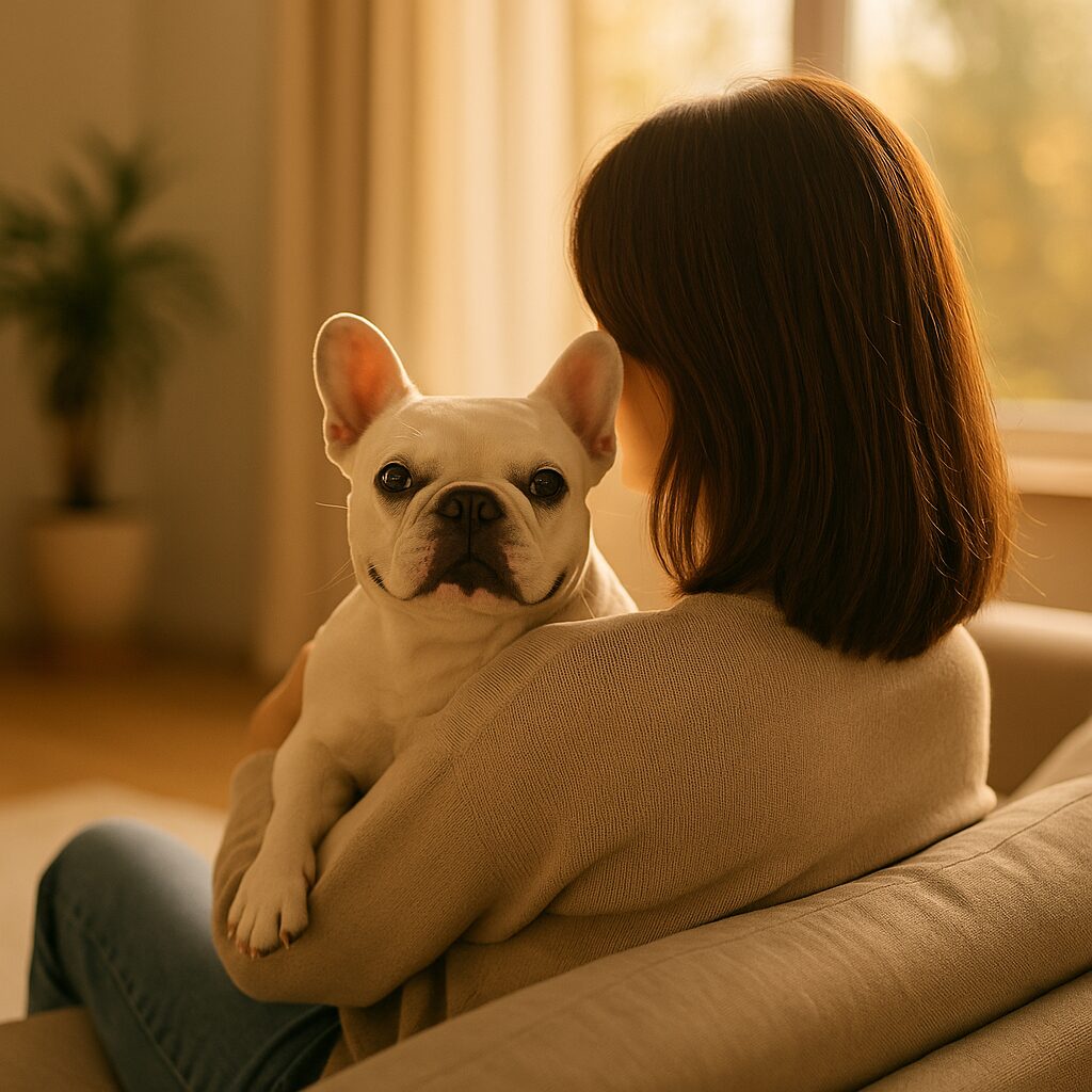 飼い主がソファでくつろぎながら犬を抱っこしている後ろ姿。