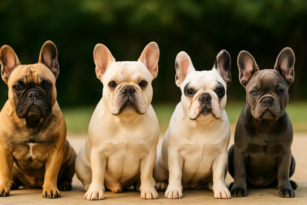 5匹のフレンチブルドッグが並ぶ。