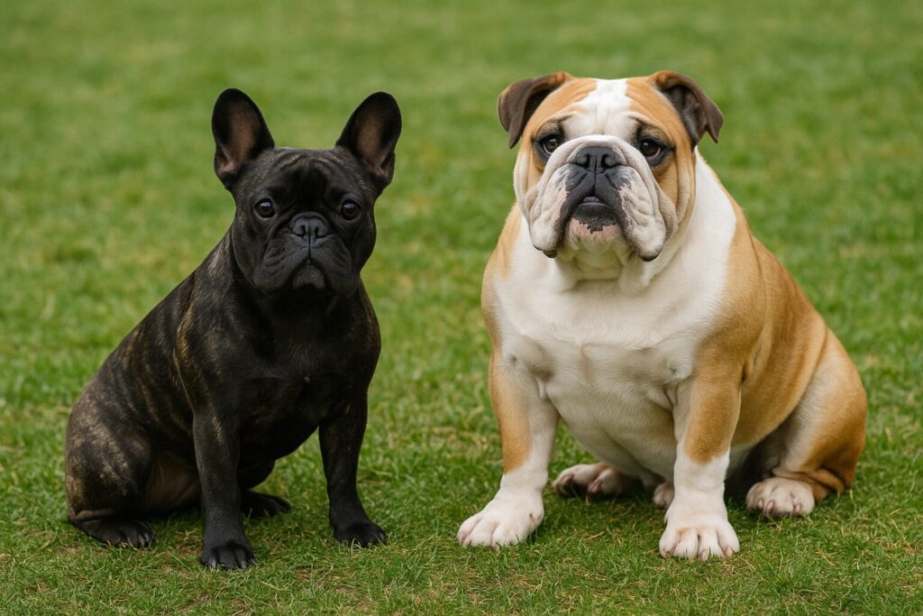 芝生の上で、フレンチブルドッグとイングリッシュブルドッグが並んでいる
