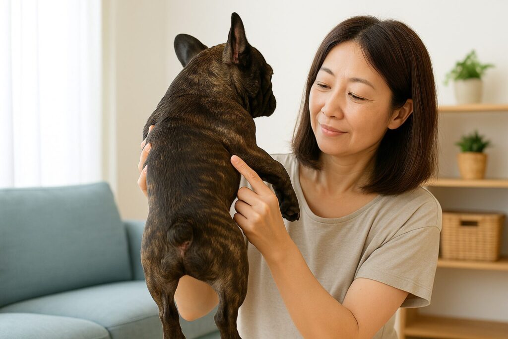 飼い主がフレンチブルドッグを抱き上げ、しっぽを優しく見ているシーン。