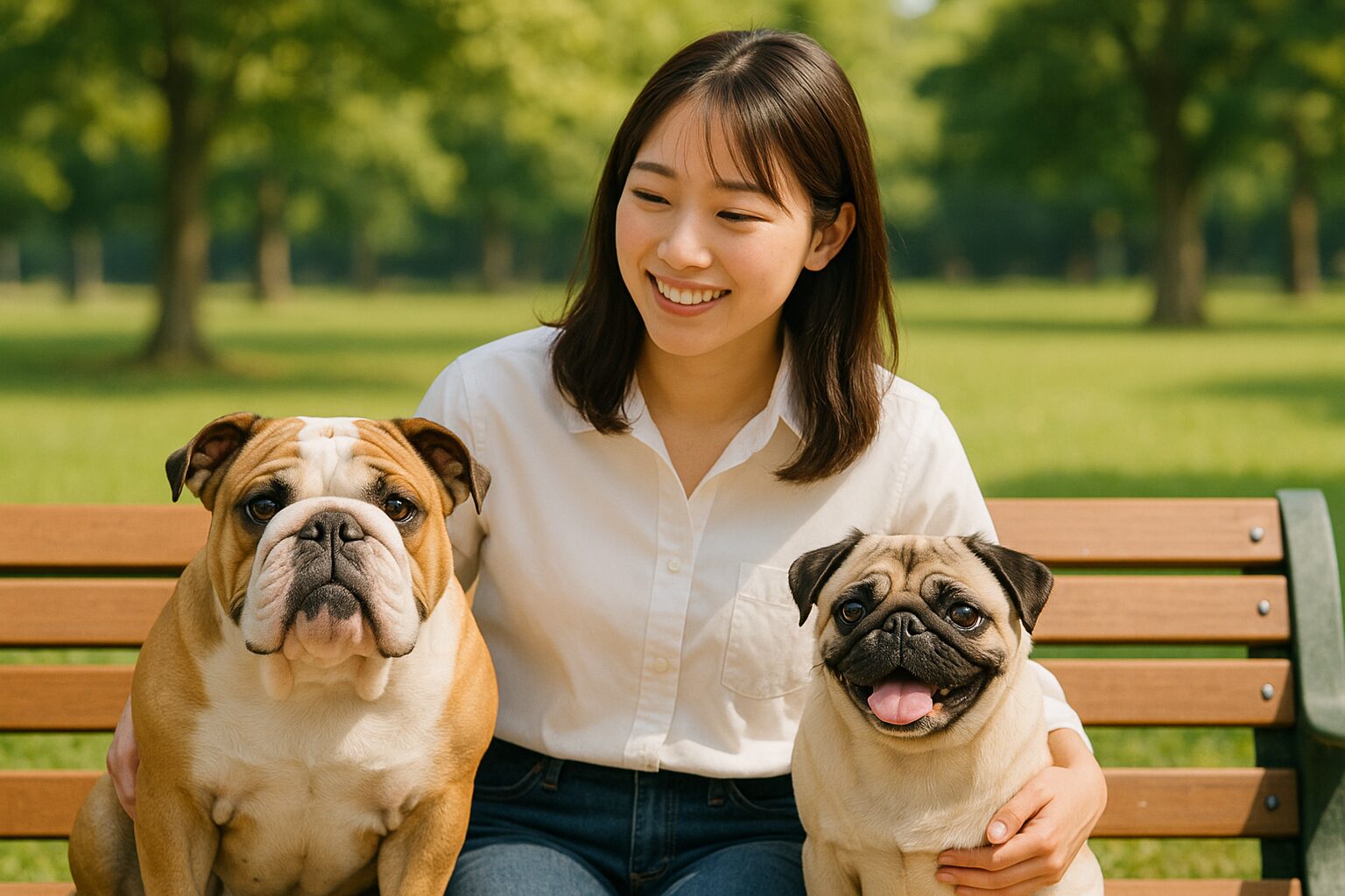 公園のベンチで、日本人飼い主がブルドッグとパグを両脇に座らせ、笑顔で見つめている。