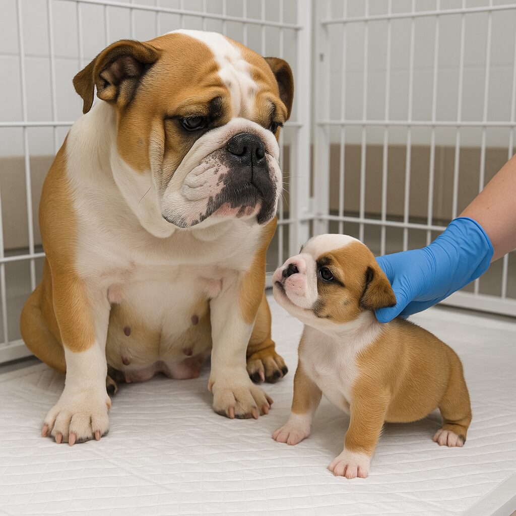 ブルドッグの母犬と子犬がケアされている様子