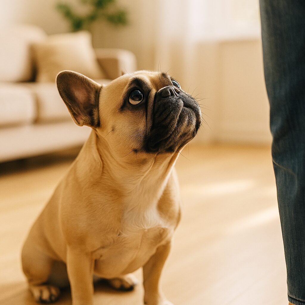 フレンチブルドッグが飼い主を見上げ、目で気持ちを伝えている構図。