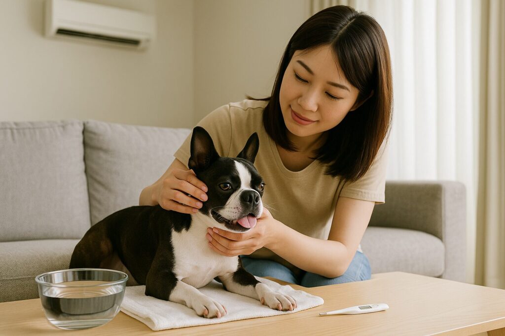 日本人飼い主が冷房をつけたリビングで犬をケアしている様子。