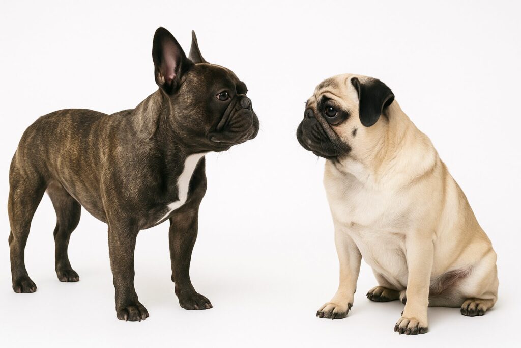 フレンチブルドッグ(立ち耳)とパグ(垂れ耳)を並べた横向きショット。