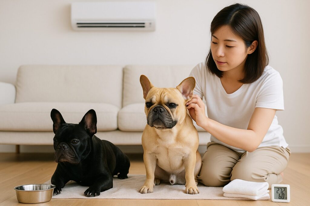 飼い主が冷房をつけた室内で犬をケアしている。