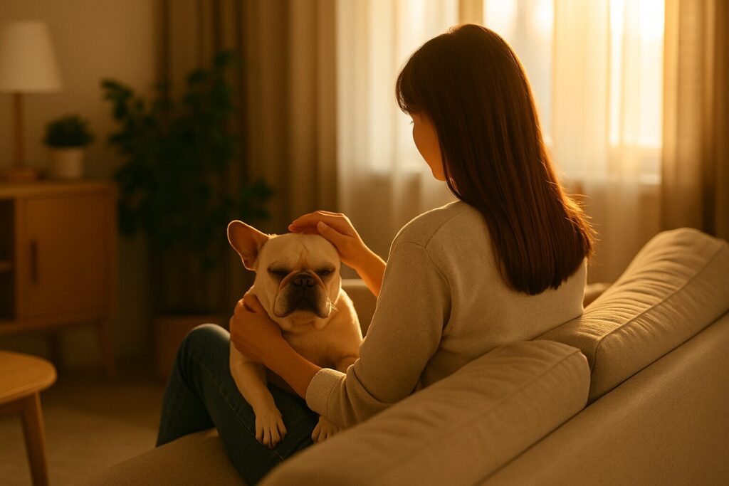 夕暮れのリビングで、飼い主がフレンチブルドッグを膝の上で撫でている後ろ姿。