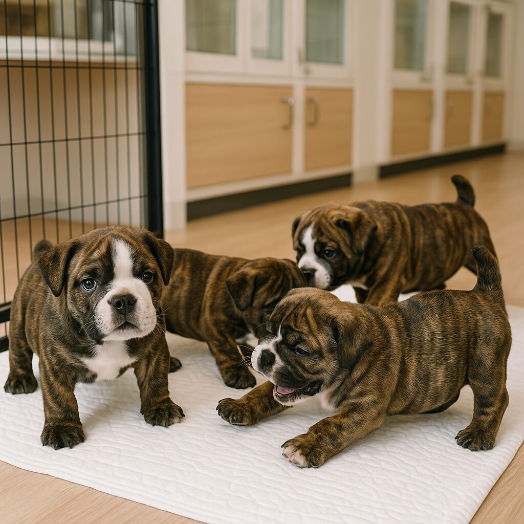 毛色ブリンドルブルドッグの子犬が複数匹ケージの中で遊んでいる。