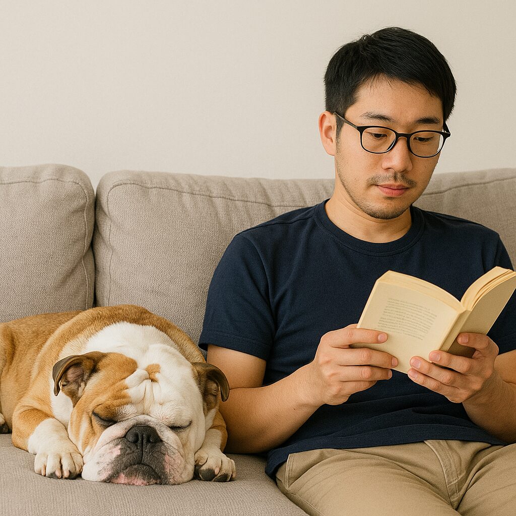 ソファの上で静かに寝そべるブルドッグ。隣には本を読む大人の日本人男性。