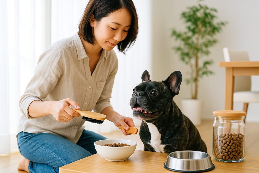 朝の室内で、飼い主がブラッシング・お世話・ごはんの準備をしている。 フレンチブルドッグ毛色ブリンドルは嬉しそうに見上げている。