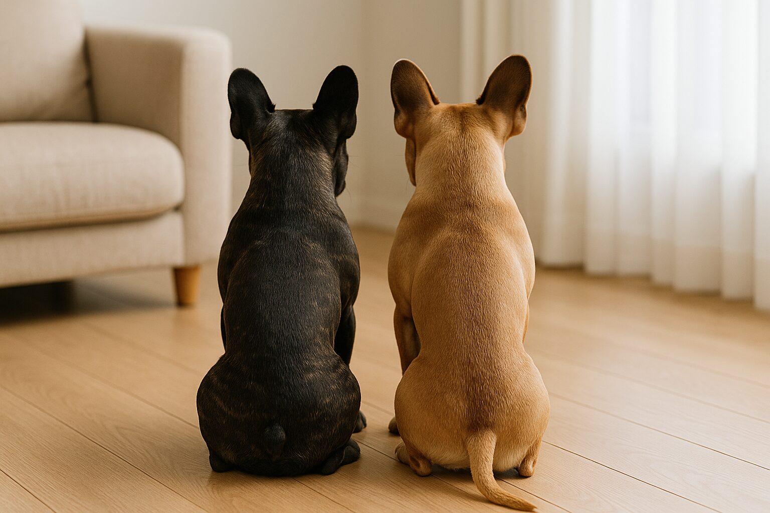 フレンチブルドッグが2匹毛色はブラックとパイ度並んで座っている構図