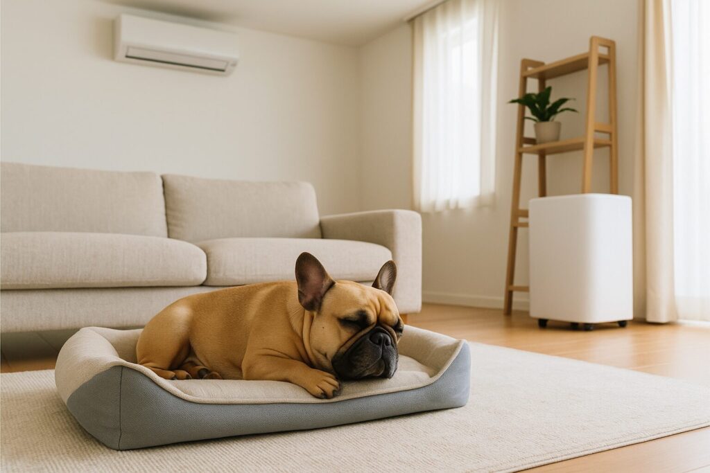 犬がリラックスして寝ている。