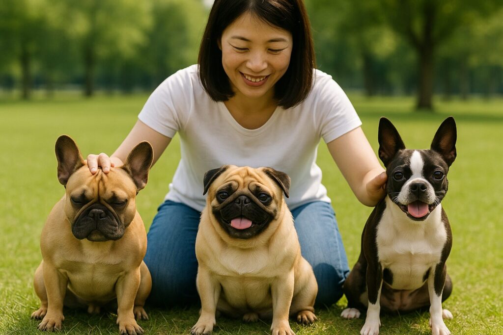飼い主(日本人女性)が3匹を順に撫でて比較しているシーン。