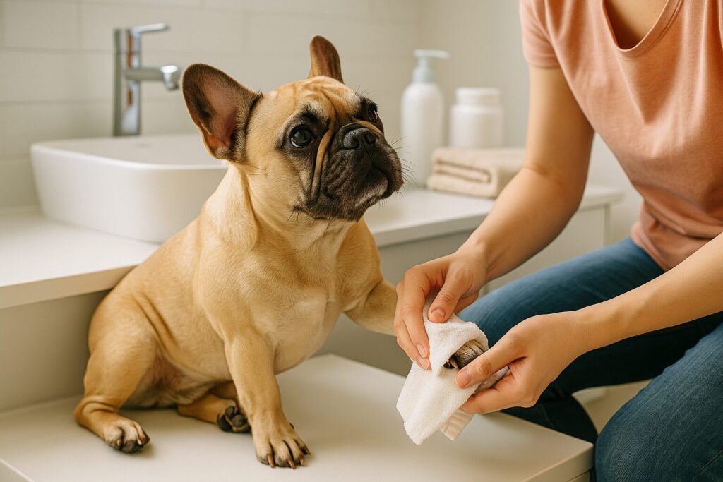 洗面台でフレンチブルドッグの足元を軽く拭く飼い主。