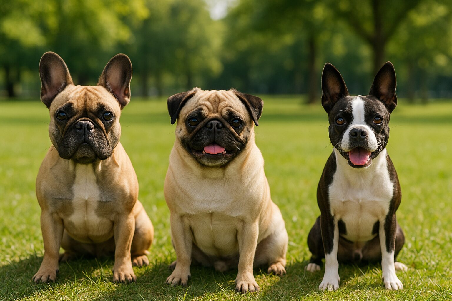 3匹（フレンチブルドッグ・パグ・ボストンテリア）が横並びで座っている。